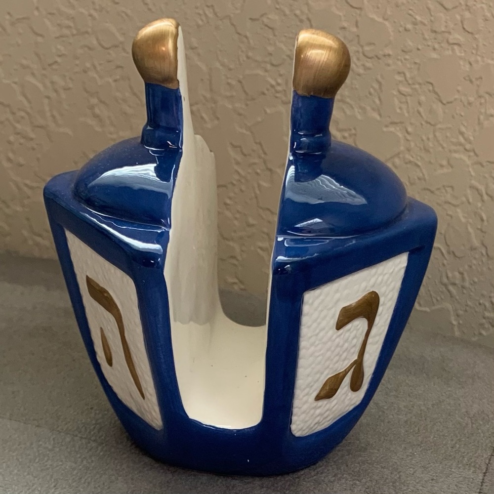 NAPKIN HOLDER Hanukkah Dreidel VINTAGE Ceramic Napkin Holder NIB
